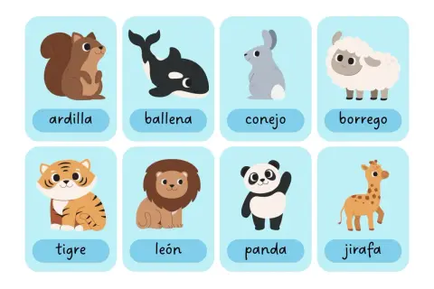 Tarjetas educativas con dibujos de animales para niños: ardilla, ballena, conejo, borrego, tigre, león, panda y jirafa.