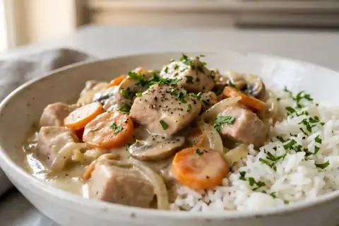 Un réconfortant blanquette de dinde avec des carottes, champignons et oignons, servi avec du riz blanc et garni de persil frais.