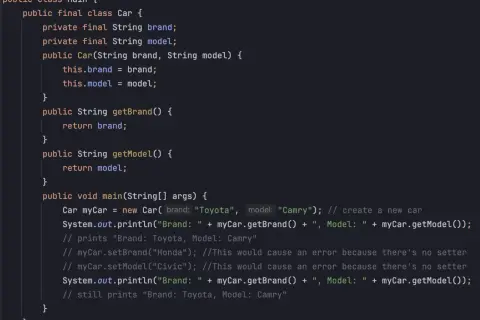 Code Java montrant une classe `Car` avec des propriétés immuables `brand` et `model`. L'instanciation et l'utilisation de `getter` sont illustrées.