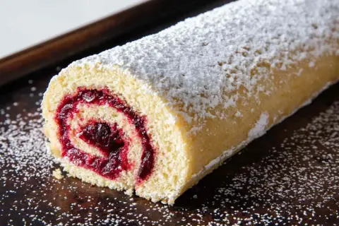 En saftig rulltårta med syltkärna, pudrad med florsocker. Denna rulltårta choklad är en klassiker som passar till fikat.