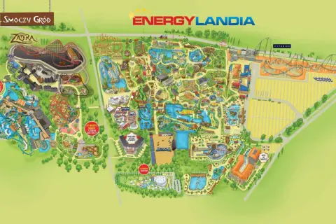 Mapa Energylandii z atrakcjami jak Smoczy Gród, Hyperion, Aqualantis. Idealna dla posiadaczy Karty Dużej Rodziny na niezapomniane rodzinne przygody.