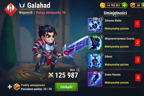 Galahad, wojownik z gry Hero Wars Online, gotowy do walki z potężnym mieczem. Jego umiejętności są na maksymalnym poziomie.