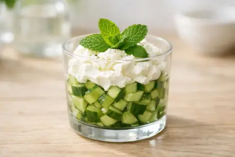 Une délicieuse entrée froide : dés de concombre frais et crémeux, surmontés de fromage blanc et d'une touche de menthe.