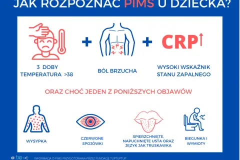 Objawy PIMS u dziecka: gorączka, ból brzucha, wysoki CRP. Dodatkowo wysypka, czerwone oczy, spierzchnięte usta, biegunka.