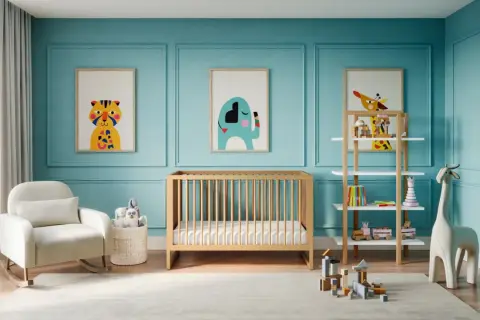 A serene nursery with cute baby boy nursery themes. A rocking chair, crib, and shelves filled with toys create a playful yet calming space.
