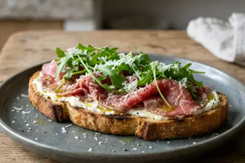 Tartine gourmande avec un accompagnement carpaccio de boeuf, roquette fraîche et copeaux de parmesan. Un délice pour les papilles.