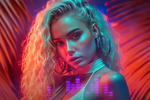 Dziewczyna z kręconymi blond włosami, w neonowym świetle, z muzycznym equalizerem na piersi. To vivat składanka!