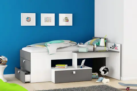 Chambre de garçon moderne avec lit mezzanine, bureau intégré et décoration murale fun. Une idée tendance peinture chambre garçon pour un espace dynamique.