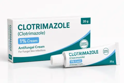 Tube et boîte de crème antifongique Clotrimazole 1% pour le traitement mycose.