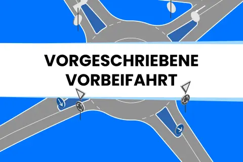 Grafik zeigt einen Kreisverkehr mit Schildern, die eine vorgeschriebene Vorbeifahrt anzeigen.