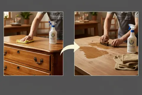 Demostración de cómo limpiar muebles de madera: un lado muestra un mueble pulido, el otro, el proceso de limpieza con cepillo y producto.
