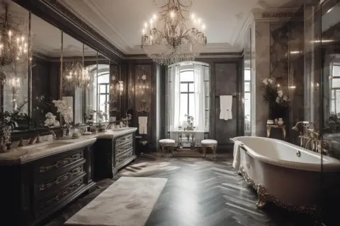 Lussuoso bagno alla francese con vasca in stile antico, doppio lavabo e grande lampadario di cristallo.