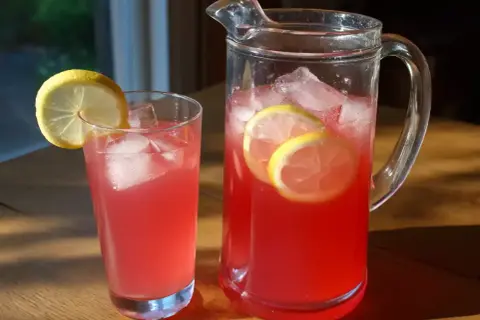 Ett glas och en karaff med rabarbersaft med citron och is. Perfekt för en solig sommardag.