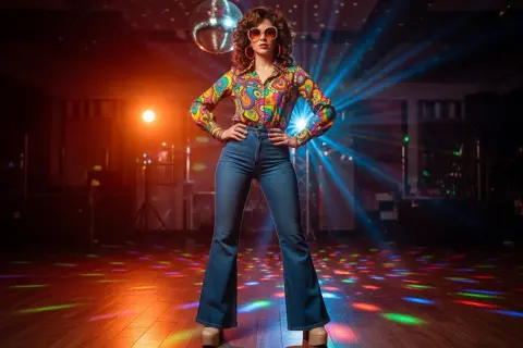 Kobieta w kolorowej koszuli i dzwonach, idealna inspiracja, jak się ubrać na imprezę w stylu lat 50. Disco ball i światła tworzą klimat.