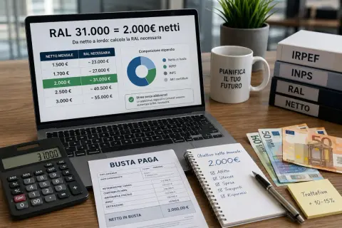 Calcolo RAL metalmeccanico: laptop mostra tabelle e grafici per determinare il lordo partendo dal netto. Busta paga, calcolatrice e euro completano la scena.