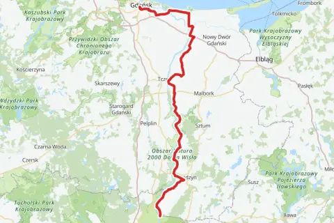 Mapa przedstawia przebieg szlaku kanału Elbląskiego, łączącego Gdańsk z Elblągiem przez Malbork i Jeziorak.