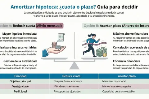 Guía para decidir si amortizar hipoteca: reducir cuota para liquidez o acortar plazo para ahorrar intereses.