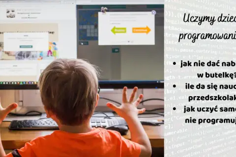 Chłopiec uczy się programowania dla dzieci. Widok zza pleców na ekran komputera z kodem i grą edukacyjną.