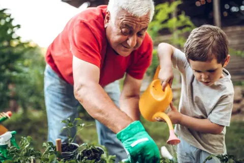 Nonni che vogliono stare soli con i nipoti, in giardino, insegnano a innaffiare le piantine.