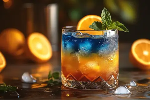 Kolorowe drinki przepisy: dwukolorowy koktajl z pomarańczą i miętą, otoczony owocami i lodem.
