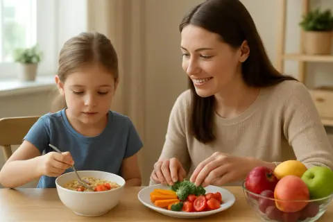 Mama z uśmiechem podaje córce warzywa, dbając o zdrowy posiłek. To przykład troskliwej opieki nad zdrowym dzieckiem.