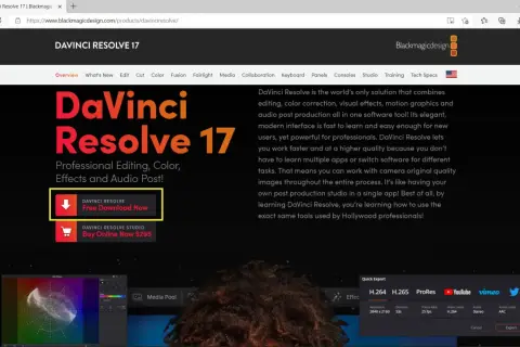 Strona internetowa promuje DaVinci Resolve 17, oferując darmowe pobieranie i zakup wersji Studio.