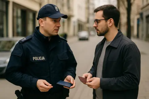 Policjant w mundurze z napisem "POLICJA" legitymuje mężczyznę, który podaje mu dokument. Podstawa prawna legitymowania jest kluczowa w tej sytuacji.