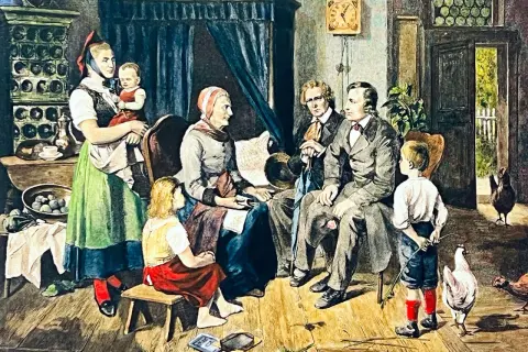 Rodzina zgromadzona w izbie, gdzie matka karmi dziecko, a starsi słuchają opowieści. Obraz ukazuje motyw tradycji w literaturze, przekazywanej z pokolenia na pokolenie.