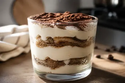 Un délicieux tiramisu maison en verrine, avec des couches de biscuits imbibés et de crème onctueuse, saupoudré de cacao.