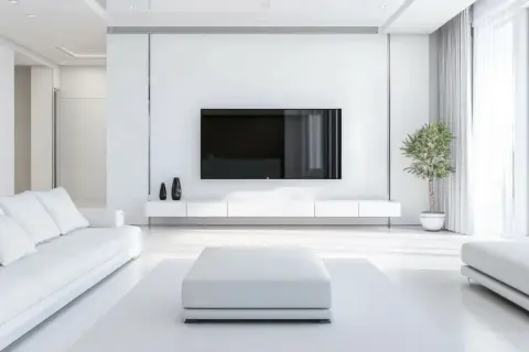 Soggiorno minimalista dominato dal colore bianco, con divano, pouf e mobile TV coordinati. Un tocco di verde da una pianta.