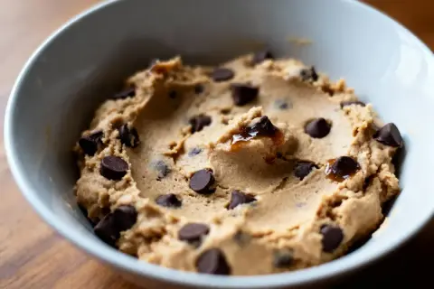 Pâte à cookie crue, riche en pépites de chocolat, dans un bol blanc. Une gourmandise tentante avant la cuisson.
