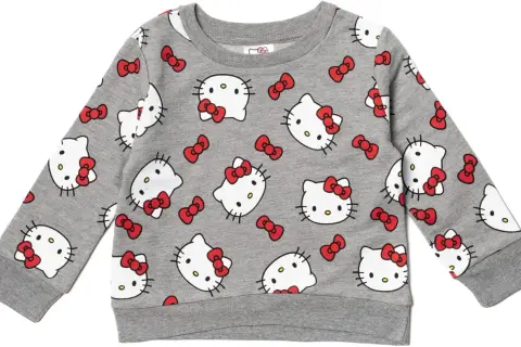 Szara bluza z dziewczęcym nadrukiem Hello Kitty i czerwonymi kokardkami.