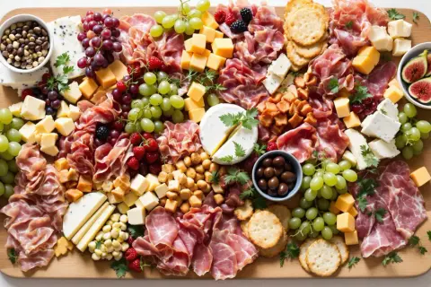Un magnifique plateau de charcuterie prêt à être dégusté : jambon, fromages variés, raisins verts et rouges, figues, olives, baies et crackers.