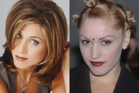 Ikony stylu lat 90.: Jennifer Aniston z klasyczną fryzurą i Gwen Stefani z odważnym, awangardowym lookiem.