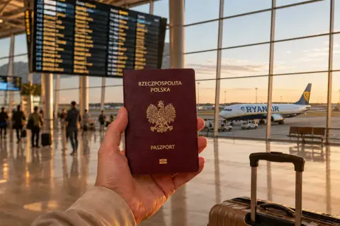 Dłoń trzyma polski paszport na tle lotniska z samolotem Ryanair i tablicą odlotów.