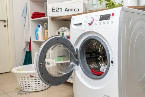 Pralka Amica z otwartymi drzwiczkami, na półce widoczny napis "E21 Amica", sugerujący błąd. Obok kosz na pranie.