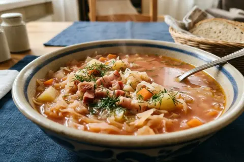 Parująca zupa kapuśniak z młodej kapusty, ziemniaków i boczku, posypana koperkiem. Obok koszyk z chlebem.