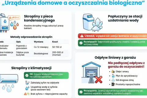 Porady dotyczące czyszczenia przydomowej oczyszczalni ścieków: unikaj kwaśnych skroplin z pieca, popłuczyn z solą i oleju z garażu.