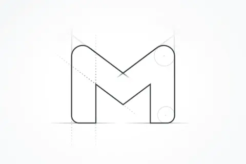 Nowa ikona Google, litera M, z pomocniczymi liniami i okręgami, sugerująca proces projektowania.