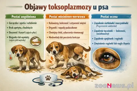 Objawy toksoplazmozy u psa: gorączka, apatia, brak apetytu, duszności, biegunka, kulawizny, drgawki, problemy z widzeniem.