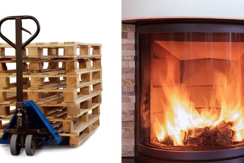 Un chariot élévateur pousse des palettes en bois. Peut-on brûler du bois de palette dans une cheminée ? Le feu crépite dans le foyer.