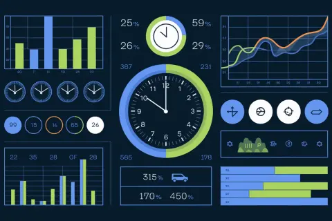 Tableau de bord affichant des graphiques, des horloges et des statistiques sur le temps de conduite et de repos.