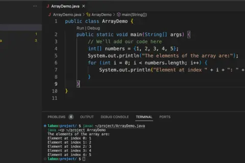 Code Java affichant les éléments d'un java array. La console montre le résultat de l'exécution.