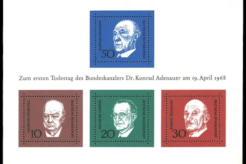 Znaczki pocztowe z wizerunkami Konrada Adenauera, Winstona Churchilla, Alcide'a de Gasperi i Roberta Schumana, którzy założyli Unię Europejską.