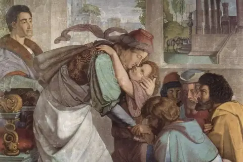 Scena z malowidła: matka obejmuje dziecko, obok mężczyźni. To jak streszczenie księgi rodzaju, pełne emocji i historii.