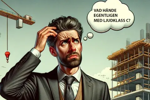 En man i kostym kliar sig i huvudet vid en byggarbetsplats, funderande på vad som hände med ljudklass C.