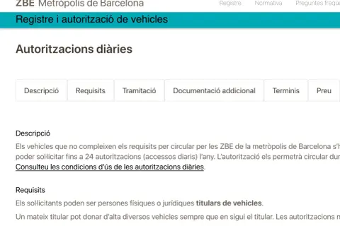ZBE Barcelona: información sobre autorizaciones diarias para vehículos que no cumplen requisitos. Permisos para circular en zonas de bajas emisiones.