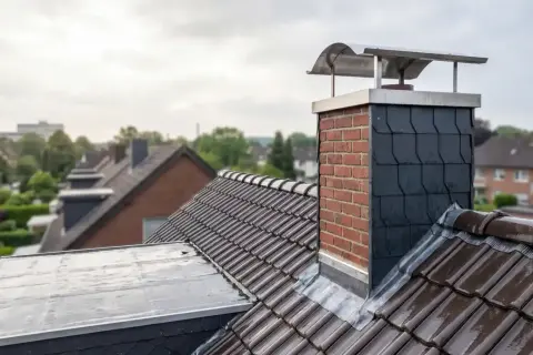Ein Ziegeldach mit einem gemauerten Schornstein, der eine schlichte schornstein regenhaube ja oder nein trägt.