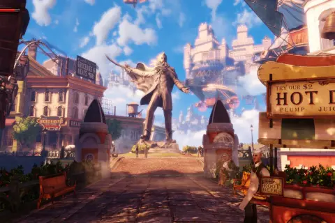 Miasto w chmurach, pełne **steampunk**owych detali: pomnik, sterowce, budynki i stragan z hot dogami.