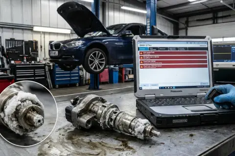 Awaria czujnika NOx w BMW E90. Na stole leży zabrudzony element, a komputer diagnostyczny pokazuje błędy.